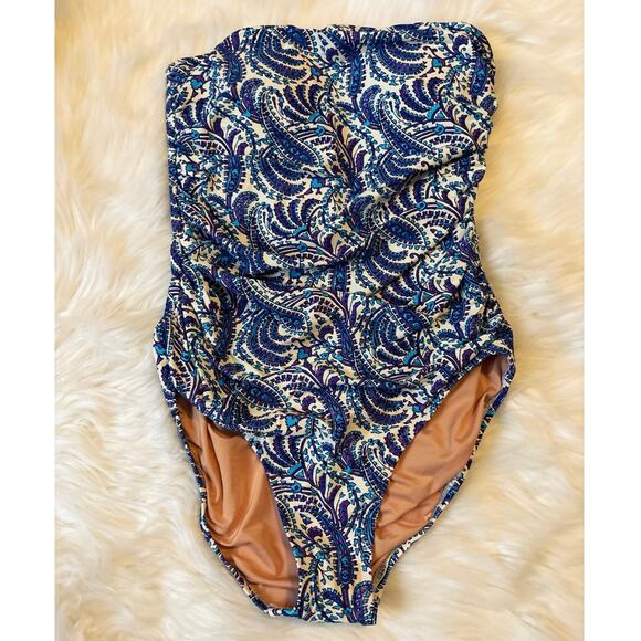 J Crew NWT Bandeau One Piece Swimsuit in Purple Paisley Removable Straps Size 8 - Picture 2 of 9